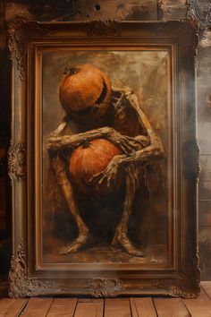 a painting of a skeleton holding two pumpkins in front of a wooden frame on a wall