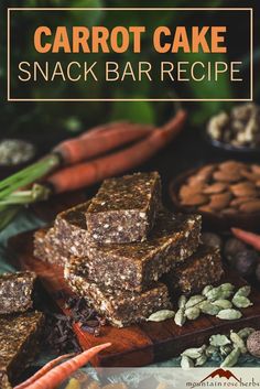 Carrot Cake Snack Bars Carrot Cake Breakfast, Snack Bar Recipes, Breakfast Bars Recipe, Cake Breakfast, Cake Snack, Vegan Bar, Shredded Carrots, Refined Coconut Oil, Unrefined Coconut Oil