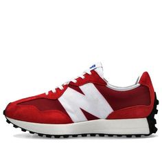 The New Balance 327 'Scarlet' is a modern take on a classic silhouette. Featuring a SuperComp lightweight upper and a 355 trail-inspired outsole, this sneaker is designed to stand out. The bold N-logo and patchwork design provide a strong visual impact. The adult-sized sneaker is perfect for running, walking, and other outdoor activities. The design is inspired by the 320 running shoe and the 355 trail shoe, combining classic elements with modern design. The Red/White colorway is the perfect com Red Sneakers Outfit Women, 327 New Balance, Red Sneakers Outfit, Neon Nike Shoes, Red Tennis Shoes, Red New Balance, The 355, Neon Nike, New Balance Trainers