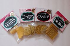 crackers are packaged in cellophane bags and placed on a table