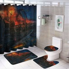 a bathroom with a toilet, shower curtain and rugs