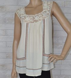 Love Stitch Blouse Scoop Neck Lace Front Embroidered Tank - Debra's Passion Boutique - 1 Casual Beige Embroidered Summer Top, Spring Bohemian Crochet Top With Floral Embroidery, Bohemian Crochet Top With Floral Embroidery For Spring, Embroidered Off White Summer Tops, Cream Bohemian Tops For Summer, Beige Cotton Lace Top With Lace Trim, Off White Embroidered Summer Tops, Beige Bohemian Peasant Top For Beach, Beige Bohemian Lace Top For Vacation