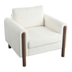 a white chair with wooden legs on a white background