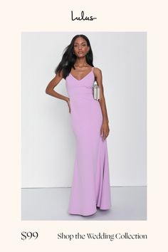 You'll be a thing of beauty and a joy forever in the Lulus Infinite Glory Lavender Maxi Dress! Sleek, stretchy crepe knit shapes this stunning dress with a darted, triangle bodice, adjustable straps, and maxi skirt with flaring mermaid hem. Scoop back with hidden zipper/clasp. Fit: This garment fits true to size. Length: Floor length. Size medium measures 56" from adjustable straps to hem. Bust: Works best for A to C cup sizes - consider sizing up for fuller bust. Waist: Fitted - very fitted at Lavender V-neck Dress For Formal Occasions, Purple Stretch Bodycon Dress For Formal Occasions, Chic Fitted Purple Evening Dress, Chic Purple Fitted Evening Dress, Elegant Purple Sleeveless Bodycon Dress, Elegant Sleeveless Purple Bodycon Dress, Elegant Lavender Maxi Dress For Evening, Lavender Fitted Maxi Dress For Evening, Elegant Lavender Maxi Dress For Prom