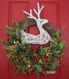 White Deer Christmas Winter Front Door Wreath - inthegardenandmore.com Christmas Deco Diy, Foam Wreath, White Deer, Xmas Wreaths, Pillows Flowers, Winter Magic, Mesh Ribbon, Pine Green, Christmas Deer