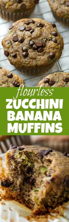 chocolate chip zucchini banana muffins on a cooling rack with text overlay