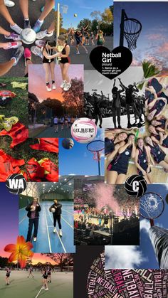 the collage has many different images and words on it, including people in sports gear