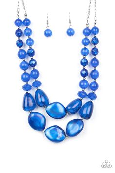 BEACH GLAM - BLUE Varying in shape and opacity, a refreshing collection of glassy and iridescent Galaxy Blue beads layer below the collar for a boldly colorful look. Features an adjustable clasp closure. Sold as one individual necklace. Includes one pair of matching earrings. P2ST-BLXX-092XX ORDERED 20 AUG 20 Beach Glam, Paparazzi Accessories Jewelry, Blue Stone Necklace, Orange Necklace, Green Gems, Paparazzi Accessories, Paparazzi Jewelry, Blue Necklace, Stunning Necklace