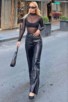 Mesh Blouse Outfit, Black Mesh Top Outfit, Mesh Shirt Outfit, Leather Top Outfit, Sheer Top Outfit, Leather Pants Outfit Night, Mesh Top Outfit, Black Top Outfit, Haut Transparent