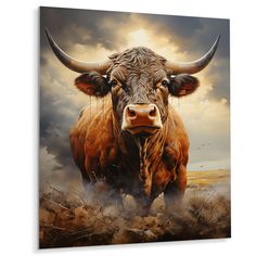 a painting of a bull with large horns standing in the middle of an open field