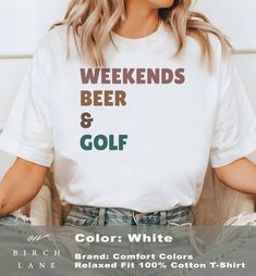 What is better than Weekends Beer and Golf?  This cozy tee features the words "Weekends Beer and Golf" in a playful retro font pairing, direct to garment printed on a comfortable fit, crewneck tshirt that fits like a well-loved favorite.  We have tons of cute designs in our shop, check them out here! https://onbirchlane.etsy.com Made To Order ------> Please allow sufficient time for production and shipping by referring to our current lead times below this description. Quality Printing  ------> D White Golf T-shirt, Golf T-shirt With Graphic Print For Team Spirit, White Sports T-shirt With Lettering, White T-shirt With Sports Lettering, White Golf T-shirt With Team Name, White Lettering T-shirt For Game Day, Weekend Graphic Tee With Crew Neck, Weekend Crew Neck Top With Text Print, Weekend Text Print Crew Neck Top