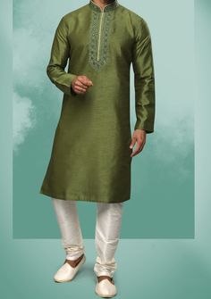 Men's Traditional Party Wear Kurta Pajama - db20614 Festive Fitted Kurta With Embroidered Border, Green Art Silk Kurta With Dabka, Green Churidar With Embroidered Border For Transitional Season, Transitional Green Churidar With Embroidered Border, Straight Kurta With Dabka Work For Traditional Ceremonies, Straight Kurta With Dabka Work For Ceremonies, Green Kurta For Diwali Traditional Ceremonies, Green Kurta For Eid And Traditional Ceremonies, Green Art Silk Kurta With Dabka Detailing