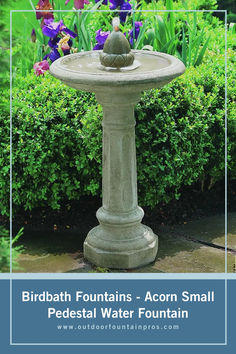 Outdoor Art Pros— Acorn Small Pedestal Water Fountain placed in a garden setting surrounded by flowers, with birds perched on its edges. This decorative birdbath fountain adds charm and elegance to outdoor decor with its tiered design and intricate details. Whether in a flower bed or on a patio, it creates a whimsical focal point that attracts birds and enhances the beauty of the outdoor space. Transform your garden with this beautiful fountain from Outdoor Art Pros! #OutdoorBirdbathFountain Water Fountain Garden, Birdbath Fountain, Bird Bath Ideas, Fountain Garden, Cozy Garden, Fountain Ideas, Garden Water Fountains, Bird Bath Fountain, Stone Bath