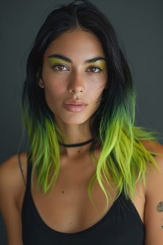 Sleek dark roots with electric lime green ends perfect for an edgy, vibrant look that stands out with its bold color choice and striking contrast. Colorful Hair With Dark Roots, Vivid Hair Color Ombre, Beetlejuice Hair, Green Hair Ideas, Hair Wishlist, Green Hairstyles, Lime Green Hair, Black And Green Hair, Roll Hair