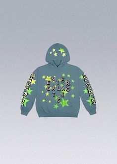 a blue hoodie with green stars on it