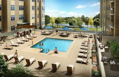 an artist's rendering of a swimming pool with lounge chairs and umbrellas around it