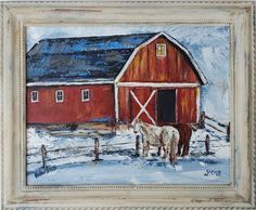 a painting of two horses in front of a red barn