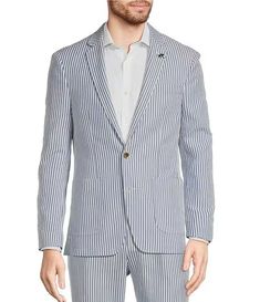 Murano Corsa Di Cavalli Derby Collection Slim Fit Stripe Seersucker Blazer | Dillard's Striped Business Casual Blazer With Pockets, Striped Blazer With Pockets For Business Casual, Pinstripe Blazer For Business Casual Spring, Spring Pinstripe Blazer For Business Casual, Spring Striped Suits With Welt Pockets, Spring Pinstripe Blazer With Suit Collar, Spring Striped Blazer For Business Casual, Pinstripe Lapel Collar Blazer For Spring, Formal Striped Cotton Blazer