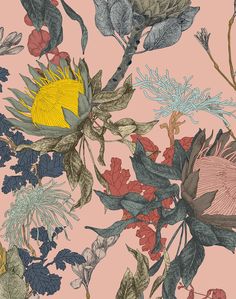 a pink wallpaper with flowers and leaves on it