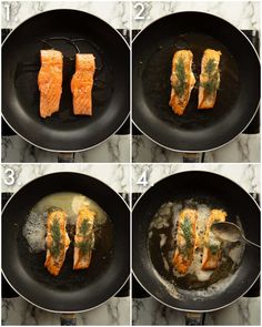 four pictures showing how to cook salmon in a skillet