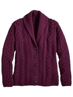 Women's Irish Wool Shawl Collar Cardigan Cardigan With Collar, Cardigan Collection, Pink Closet, Cardigan Purple, Vermont Country Store, Knit Shawl, Shawl Collar Cardigan, Zippered Cardigan, Merino Wool Cardigan