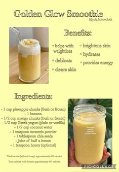 the ingredients for golden glow smoothie are shown in this poster, with information about how to use it