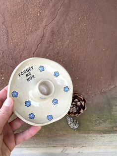 a hand holding a white bowl with blue flowers on it and a pine cone in the background