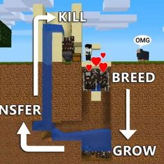 an image of a water source in minecraft with the words kill, breed, and grow below it