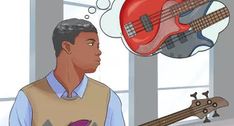 a man with a red guitar and thought bubble above his head is looking at it