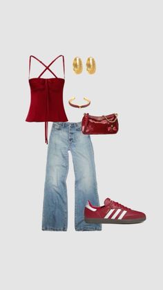 a red top, jeans and shoes are arranged on a white background with gold accessories