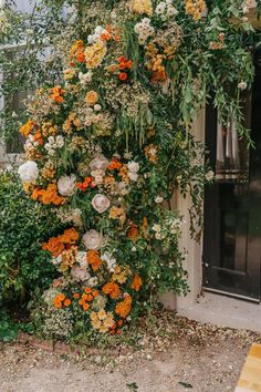 an arrangement of flowers growing on the side of a building