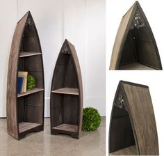 two canoe shaped bookshelves sitting next to each other