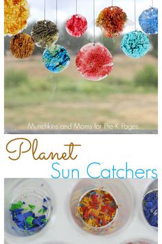 an image of sun catchers made out of yarn and plastic balls with the title planet sun catchers