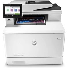 the hp color laser printer is white and has a black screen on top of it