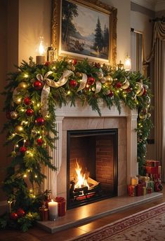 15 Chic Christmas Mantle Decor Ideas for Cozy Fireplaces 4 Photos Over Fireplace, Fireplace Christmas Mantel Ideas, Xmas Fireplace Ideas, Traditional Christmas Fireplace Decor, Elegant Christmas Mantels, Elegant Christmas Mantle Decor, Traditional Christmas Mantle Decor Ideas, Christmas Decor For Mantle Fireplaces, Christmas Classic Decor