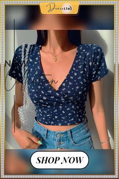 Y2k Vintage Floral Cross Crop Top T-shirt Women Cropped Slim Short Sleeve V Neck Sexy Summer Clothes Tee Shirt Femme Woman Tops Fitted V-neck Y2k Crop Top, Fitted Y2k V-neck Crop Top, Y2k V-neck Stretch Top, Y2k Style V-neck Stretch Top, Y2k V-neck T-shirt For Spring, Spring Y2k V-neck Tops, Spring V-neck Y2k Tops, Y2k Summer V-neck Top, Blue Y2k Crop Top