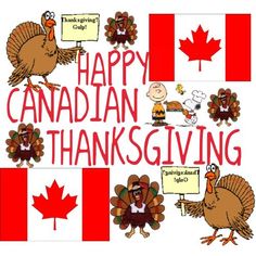 a happy canadian thanksgiving card with turkeys and canada's flag in the background