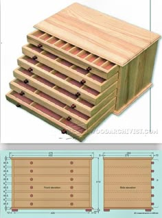 a wooden box with drawers and measurements for the bottom, top and bottom sides are shown