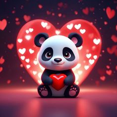 a panda bear sitting in front of a heart with hearts on it's back