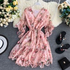 Flare Sleeve Printed Pink Beach Dress   Bust Sleeve Cloth Shoulder   Width Length Length Width   cm cm cm cm   S 86  82 39   M 90  83 40   L 94  84 41   XL 98  85 42                 Size Bust Sleeve Cloth Shoulder   Width Length Length Width   inch inch inch inch   S 33.9  32.3 15.4   M 35.4  32.7 15.7   L 37.0  33.1 16.1   XL 38.6  33.5 16.5    Pink    Sky Blue Pink Beach Dress, Pink Beach Dresses, Printed Frock, Flare Sleeves Pattern, Estilo Madison Beer, Chiffon Flower, Lady Dress, Pink Beach, Womens Floral Dress