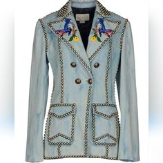 New Gucci Blue Acid Washed Bird Embroidered Gold Studded Denim Blazer Small Brand: Gucci Designer: Alessandro Michele Material: Denim Color: Blue Pattern: Solid Closure: Button Extra Detail: Acid Washed Blue Denim. Bird Embroidery At Collar. Gold-Tone Dome Stud Embellishment. Double Breasted. Blue Gucci Outerwear For Work, Blue Gucci Outerwear For Spring, Gucci Blue Outerwear For Spring, Gucci Blue Spring Outerwear, Designer Blue Denim Outerwear, Casual Fitted Gucci Outerwear, Designer Fitted Denim Jacket, Designer Fitted Denim Jacket With Long Sleeves, Designer Denim Jacket For Fall