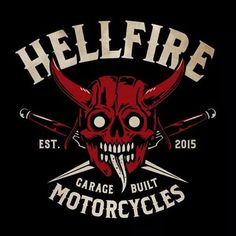 the hellfire garage built motorcycles logo with two crossed swords and a demon's head