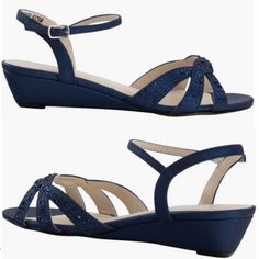 Benjamin Walk Women's Lena Wedge Sandal Brand New Color: Navy Size: 6.5m 100% Man Made Adjustable Buckle Strap Closure Imported Man Made Sole The Heel Measures Approximately 1 Inch" Comfortable Wedge Jeweled Vamp Blue Round Toe Wedge Sandals For Formal Occasions, Blue Formal Wedge Sandals With Round Toe, Blue Synthetic Wedge Sandals With Ankle Strap, Blue Synthetic Ankle Strap Wedge Sandals, Blue Wedge Sandals With Cushioned Footbed, Blue Synthetic Wedge Sandals With Heel Strap, Blue Cushioned Ankle Strap Wedge Sandals, Blue Wedge Sandals For Summer Formal Events, Blue Wedge Sandals For Formal Summer Events