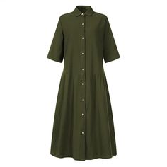 Women's Summer Holiday Dress Stand Collar Mid Sleeve Solid Midi Shirt Dress Casual Collared Shirt Dress In Solid Color, Casual Collared Solid Color Shirt Dress, Casual Cotton Shirt Dress In Solid Color, Casual Half Sleeve Solid Color Dress, Casual Solid A-line Shirt Dress, Summer Collared Shirt Dress In Solid Color, Summer Cotton Solid Color Shirt Dress, Summer Cotton Shirt Dress In Solid Color, Solid Color Button-up Vacation Dress