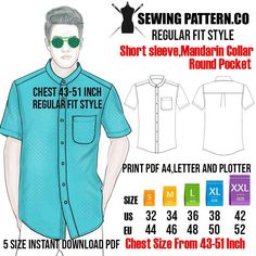 an image of a man wearing a shirt with the text sewing pattern co regular fit style short sleeve mandarin collar round pocket