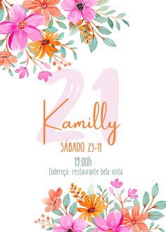 a floral birthday party poster with the number twenty and two flowers in pink, orange and green