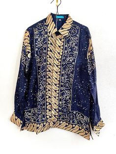 Incredible Gold and Navy Blue shirt made of original batik. Perfect for any special occasion. US size Medium for male. Manufactured in Bandung, Indonesia. Blue Long Sleeve Top With Batik Print, Traditional Blue Batik Print Tops, Batik Shirt, Navy Blue Shirts, Gold Texture, Tee Dress, Mens Shirt Dress, Men Dress, Batik