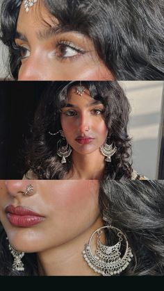 a woman with dark hair and large earrings on her head is shown in three different pictures