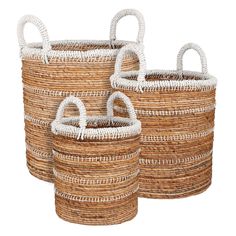 three woven baskets with handles and handles