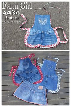 an apron made out of old jeans is shown with the words farm girl apron on it